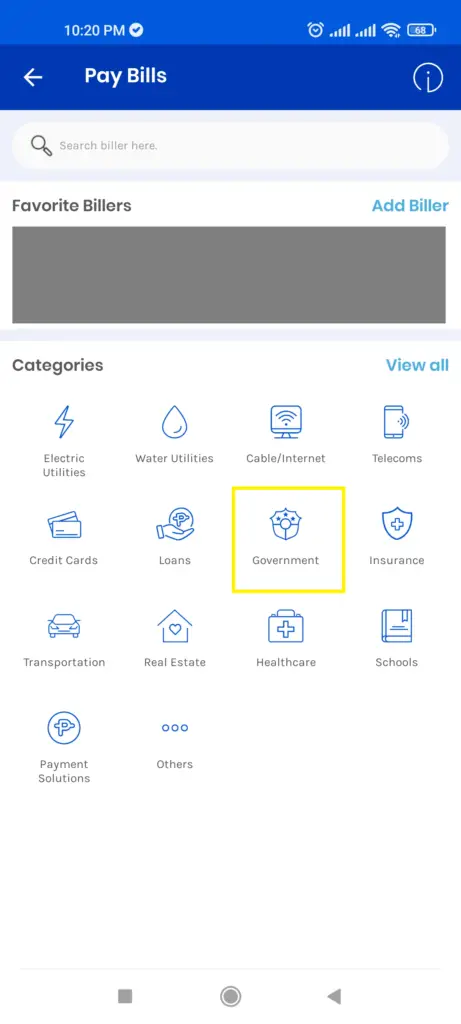 How to pay NBI using GCash - Step 5 -Select Government