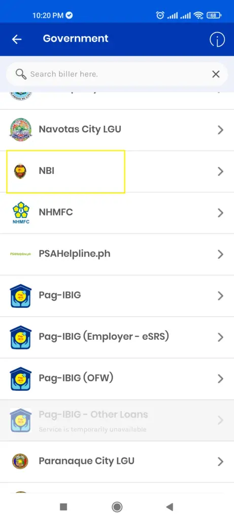 How to pay NBI using GCash - Step 6 -Scroll and select NBI